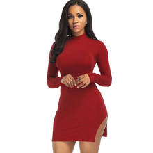 Summer New Sexy Women's Fashion Casual Commutes Red High Collar Long Sleeve Tight Mini Short Open Fork Dress 2024 - buy cheap