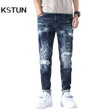 Рваные джинсы, мужские облегающие темно-синие Стрейчевые потертые брюки в стиле хип-хоп пэчворк, джинсовые брюки, рваные потертые мотоциклетные джинсы 2024 - купить недорого