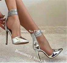 Women Shining Pointed Toe Silver Leather Stiletto Heel Pumps Ankle Straps Back Zipper-up High Heels Wedding Dress Shoes Heels 2024 - buy cheap