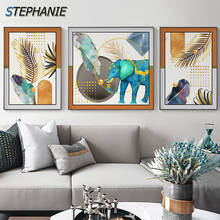 Nordic Animal Elephant Canvas Painting Colored Feathers Poster Prints Abstract Golden Leaves Decor Wall Art Picture for Bedroom 2024 - buy cheap