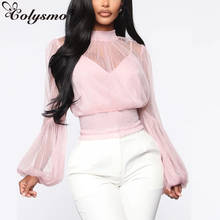 Colysmo blusa feminina rosa de manga comprida, camiseta vintage de malha transparente com bolinhas, roupa para escritório elegante, 2020 2024 - compre barato