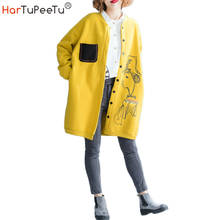 Куртка женская Флисовая теплая, Длинная утепленная верхняя одежда на пуговицах с мультяшным принтом, размера плюс, желтый, черный, на осень-зиму 2020 2024 - купить недорого
