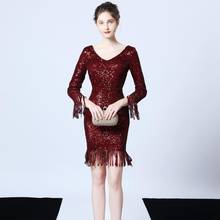 Wine Red Sequined Tassel V Neck Long Sleeves Above Knee Sexy Clubwear Luxury Women Dresses 2020 Evening Party Dress Plus Size 2024 - buy cheap