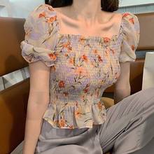 Blusa con estampado Floral y cuello cuadrado para mujer, camisa elegante de gasa de manga corta para verano 2024 - compra barato