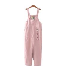 Pink Women Overalls Pants Cartoon Cat Embroidery Pocket Cotton Jumpsuits 2021 Autumn Korean Style Ladies Hight Waist Trousers 2024 - buy cheap