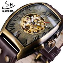 Shenhua relógio mecânico retro romano, relógio automático esqueleto analógico dourado marrom luminoso com pulseira de couro fashion esportivo 2024 - compre barato