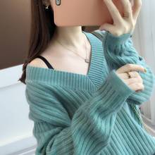 Suéter feminino pulôver solto 2020, primavera outono novo manga comprida estilo coreano gola em v ombro de fora suéter 1101h 2024 - compre barato