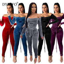 Sexy Lace Up Bandage Velvet Skinny Women Jumpsuit Off Shoulder Backless Night Club Party Slim Bodycon Rompers Outfits Overalls 2024 - buy cheap