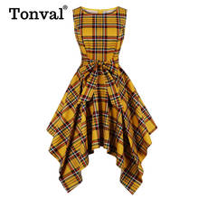 Tonval Yellow Plaid Asymmetrical Hem Fit and Flare Vintage Tartan Midi Dress Women O-Neck Belted Sleeveless Elegant Streetwear 2024 - buy cheap