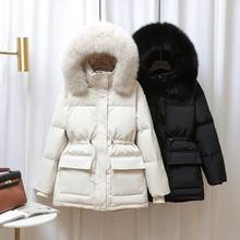Inverno branco pato para baixo jaqueta feminina médio longo com capuz para baixo casaco feminino casual grosso sólido gola de pele de raposa jaqueta 2024 - compre barato