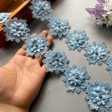 1 yard Blue Pearl Beaded Embroidered Flower Lace Trim Floral Applique Patches Fabric Sewing Craft Vintage Wedding Dress New 2024 - buy cheap