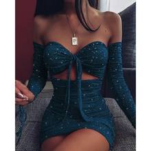 Sexy Glitter Women Lace Up Off Shoulder Dress Long Sleeve Solid Red Party Mini Dresses Bust Tie Bodycon Ruched Dress Vestido 2024 - buy cheap