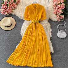 Female Vintage Dress Short Sleeve Slim A-line Pleated Dress New 2021 Summer Fashion Dot Printed Women Elegant Maxi Dress Korean 2024 - buy cheap