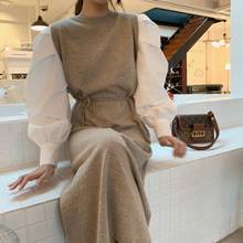 Women Dress 2021 Spring Autumn Patchwork Puff Sleeve O-neck Ladies Knitted Long Dresses Chic Fake Two-piece Wild Femme Vestidos 2024 - buy cheap