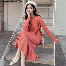 2022 New Spring Ruffles Korea Dress Women Knitting Oversize Autumn Long Dress Women's Fashion Jacquard Sweater Dresses 2024 - buy cheap