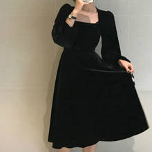 Vestido Vintage de terciopelo con cuello cuadrado para mujer, ropa de manga larga abombada, negro, Coreano elegante, Otoño, 2021 2024 - compra barato