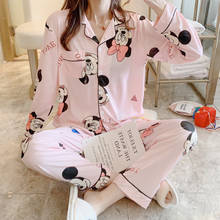 Pijama de manga longa da disney, pijama fofo de mickey mouse para mulheres, roupas de dormir para casa, primavera e outono 2024 - compre barato