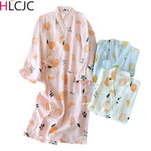 Women's Kimono Nightgown 100% Cotton Gauze Crepe Womens Robe Spring Thin Bathrobes Lemon Printing Sleepwear Long Sleeve Robes 2024 - buy cheap