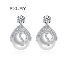 FXLRY New Arrival Elegant Fashion Women OL White AAA Cubic Zircon Geometric Zircon pearl earrings FOR WOMEN Jewelry 2024 - buy cheap