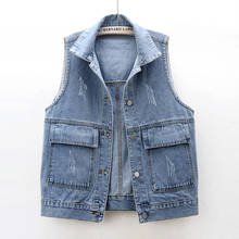 Frayed Big Pocket Short Denim Vest Women Vintage Black Blue Waistcoat Sleeveless Jacket Coat Casual Loose Jeans Vests Female 2024 - buy cheap