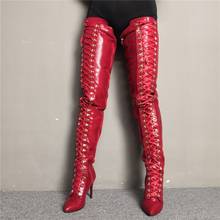 Botas femininas de virilha alta couro sintético, calçado feminino salto alto com cadarço acima do joelho tamanho grande 45 46 47 2024 - compre barato