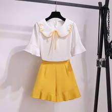 Ladies Summer 2021 Short Sleeve Set Small Fresh Sweet Embroidered Doll Collar Cute Chiffon Top + High Waist Wide Leg Shorts Set 2024 - buy cheap