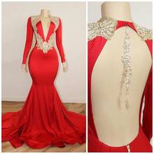 New Arrival Red Mermaid Prom Dresses Long Sleeves Gold Applique V Neck Beads Crystals Backless Evening Gowns Wear Formal Dresses 2024 - buy cheap