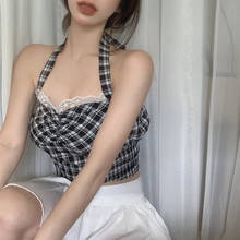 Halter Crop Tops For Women Summer Sleeveless Backless Elegant Plaid Bandage Chic Lace Stitching Wrap Cropped Top Slim Streetwear 2024 - buy cheap