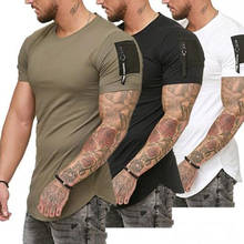 Мужская футболка с коротким рукавом, на молнии, на плече, в уличном стиле, в стиле хип-хоп, летняя, длинная, изогнутая, с подолом, тонкая, забавная футболка размера плюс M-3XL 2024 - купить недорого