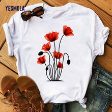 YESMOLA Women T Shirt Print Red Poppy Funny Tshirts O-neck Aesthetics Tshirt Casual Short Sleeve Streetwear Women Tops Tee 90s 2024 - buy cheap