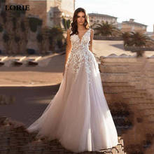 LORIE V Neck Beach Wedding Dresses 2020 Backless 3D Floral Appliqued Lace Bridal Gowns Tulle vestido de novia Wedding Gowns 2024 - buy cheap
