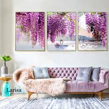 Flor violeta bonita para decoración del hogar, árbol, lago, Cisne, cartel de paisaje escandinavo, lienzo natural, impresión artística de pared 2024 - compra barato