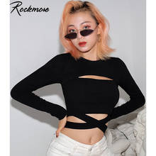 Rockmore Gothic Bodycon Criss Cross Bandage T-shirt Women Long Sleeve Hollow Out T Shirts Femme Streetwear Crop Tops Tees Autumn 2024 - buy cheap
