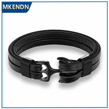 Mkendn pulseira de couro masculina, bracelete de alta qualidade com corda multicamadas preta de aço inoxidável, joias com âncora, presentes de joias para homens 2024 - compre barato