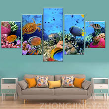 Arte de parede em tela para decoração de casa, imagens modulares, 5 peças, impressão hd, grande, subaquática, mar, coral, protetores, pintura de museu marinho 2024 - compre barato