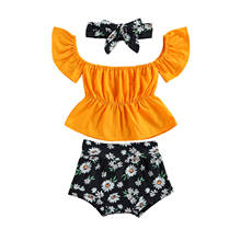 Комплекты одежды для маленьких девочек 0-18 месяцев, 3 шт., с открытыми плечами, шорты с цветочным принтом, повязка на голову 2024 - купить недорого