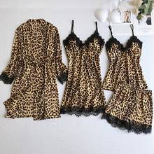 Conjunto de pijamas de seda feminino, pijamas de cetim com estampa de leopardo 4 peças, lingerie sexy para casa 2024 - compre barato
