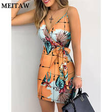 Feminino sexy v neck mini vestido 2020 retro folha impressão espaguete cinta verão praia vestidos de festa 2024 - compre barato