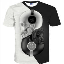 Мужская трехмерная футболка с коротким рукавом, черно-белая футболка с 3D-принтом черепа, для прослушивания музыки, лето 2021 2024 - купить недорого