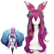 Peruca longa cosplay feminina ahri, peruca longa com orelhas tipo flor de cabelo, resistente ao calor, sintética, para cosplay, 2020 2024 - compre barato