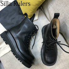 Botas Chelsea de piel auténtica con suela gruesa para mujer, botines con cordones y punta cuadrada, zapatos de plataforma, botas de caballero 2024 - compra barato