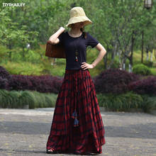 Tiyihailey vestido de verão 2021, maxi linha a longo, cintura elástica, feminino, estilo chinês, saia com ponta grande, xadrez, frete grátis 2024 - compre barato