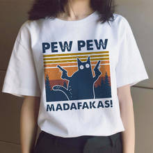 Camiseta con estampado divertido de Pew Madafakas para mujer, camiseta de manga corta de gran tamaño para Halloween, Tops de gato negro asesino con pistola 2024 - compra barato
