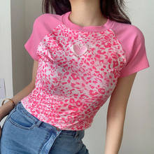 2020 New Women Leopard Print Heart Bodycon Crop Top Short Sleeve Tops Slim Sexy Women Summer Patchwork T Shirt 2024 - buy cheap