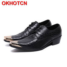 Zapatos Oxford de piel auténtica para hombre, calzado Formal con cordones y punta de Metal, tacones altos, color negro, para vestido de boda 2024 - compra barato