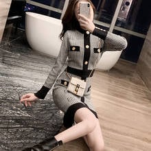 Suofun Plaid O-Neck Slim Knitted Korean A-Line Fashion Woemn 2021 New Autumn Elegant Women Vintage Mid-Calf Sweater Dresses 2024 - buy cheap