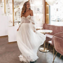 Платье женское свадебное в стиле бохо, кружевное пляжное ТРАПЕЦИЕВИДНОЕ платье невесты с бусинами, с длинным рукавом, в винтажном стиле, 2021 2024 - купить недорого