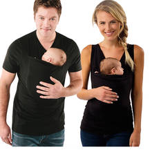 Размера плюс S-5XL Сумка-кенгуру; Одежда «кенгуру», футболка для мамы, папы, мамы с Детская футболка с короткими рукавами и надписью «Big карман многофункциональная футболка 2024 - купить недорого