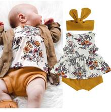 Conjunto de 3 peças de roupas de bebê femininas, camisetas estampadas floridas sem mangas e calças curtas de cor sólida com tiara, roupas de bebê para meninas 2024 - compre barato