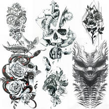 Tatuajes temporales de calavera de la muerte malvada para hombres y mujeres, tatuaje de pluma de esqueleto de serpiente, papel falso, Tigre, flor de Rosa geométrica, tatuaje de mano 2024 - compra barato